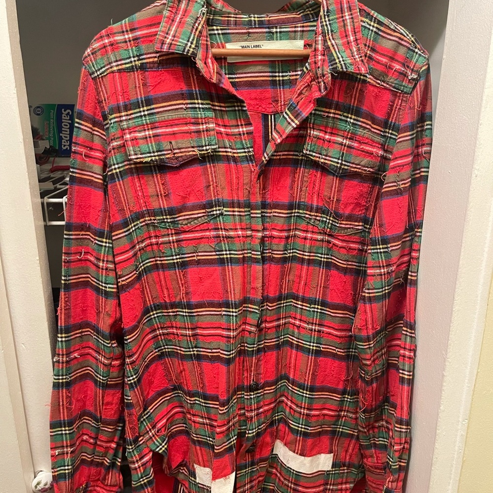 Off White Button Up Distressed Flannel Shirts Siz… - image 1